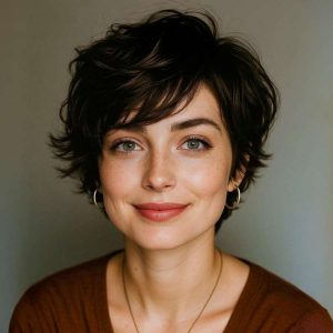 Chic Messy Pixie with Deep Brunette Tones Chic Messy Pixie with Deep Brunette Tones
