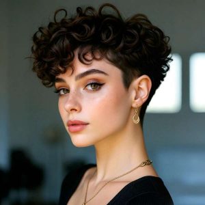 Chic Precision: Voluminous Pixie with Defined Curls and Undercut Elegance Chic Precision: Voluminous Pixie with Defined Curls and Undercut Elegance