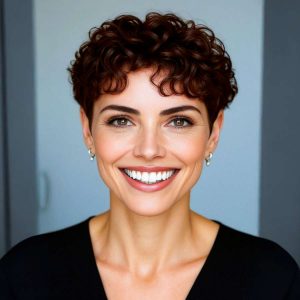 Confident Curls: Structured Short Cut with a Warm Auburn Glow Confident Curls: Structured Short Cut with a Warm Auburn Glow