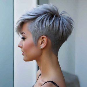 Edgy Silver Pixie with Feathered Layers and Undercut Edgy Silver Pixie with Feathered Layers and Undercut