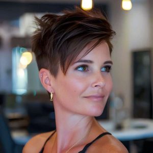 Sharp Brunette Pixie with Angled Fringe Sharp Brunette Pixie with Angled Fringe