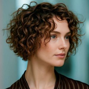 Soft Angled Bob with Natural Brown Curls Soft Angled Bob with Natural Brown Curls