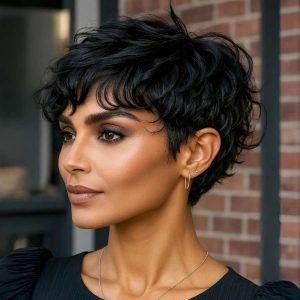 Soft Tousled Pixie with Bangs – A Dark and Elegant Flair Soft Tousled Pixie with Bangs – A Dark and Elegant Flair