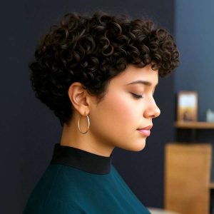 Tight Curls, Sleek Silhouette: Precision-Cut Curly Pixie with Artistic Shape Tight Curls, Sleek Silhouette: Precision-Cut Curly Pixie with Artistic Shape