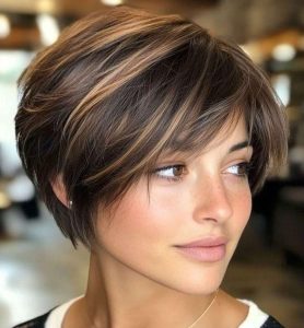 Rich Brunette Pixie with Golden Highlights for a Bold Look