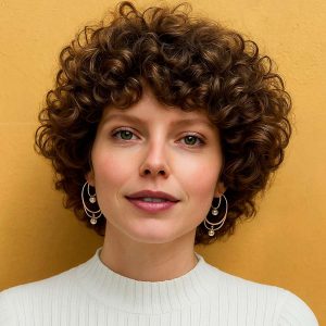 Classic Voluminous Curly Bob with Golden Brown Shine