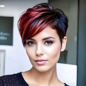 Crimson Swoop: Asymmetrical Pixie with Black-Red Highlights