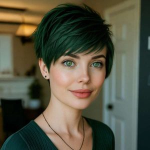 Deep Green Pixie with Wispy Layers and Casual Elegance