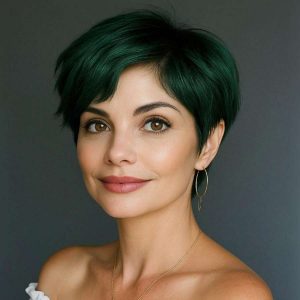 Elegant Deep Green Pixie Cut with Side-Swept Bangs