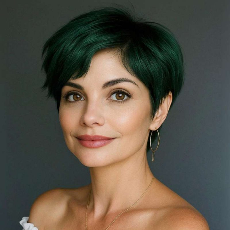 Elegant Deep Green Pixie Cut with Side-Swept Bangs