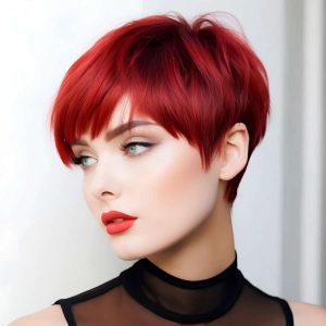 Fiery Red Elegance: The Bold Pixie with Blunt Bangs
