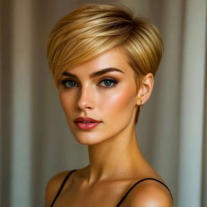 Glamorous Side-Swept Pixie with Sleek Golden Shine