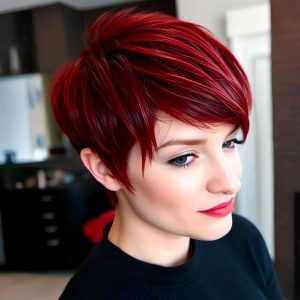 Glossy Ruby Crop: Precision Pixie with Layered Shine