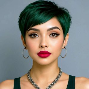 High-Fashion Pixie with Emerald Precision and Bold Makeup Pairing