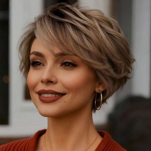 Layered Ash Brown Bob with Curtain Bangs – Graceful and Timeless