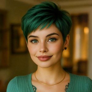 Polished Short Pixie Cut with Sleek Emerald Finish
