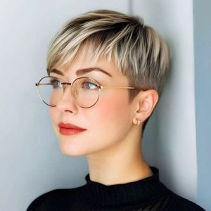 Sleek Blonde Pixie with Blunt Micro Bangs and Glasses