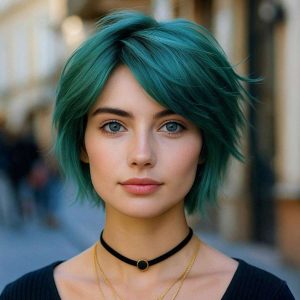 Wispy Short Shag with Teal Layers and Feathered Ends